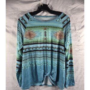 Unknown Brand Women's Blue Front Knot Southwestern Tribal Top Plus SIze 2XL